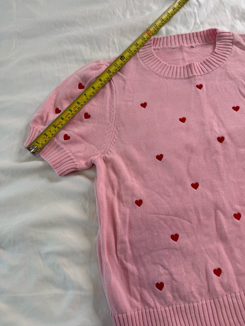Pink Heart Puff Sleeve Cotton Sweater 2X Coquette Romantic Hearts Knit Top - Picture 10 of 10